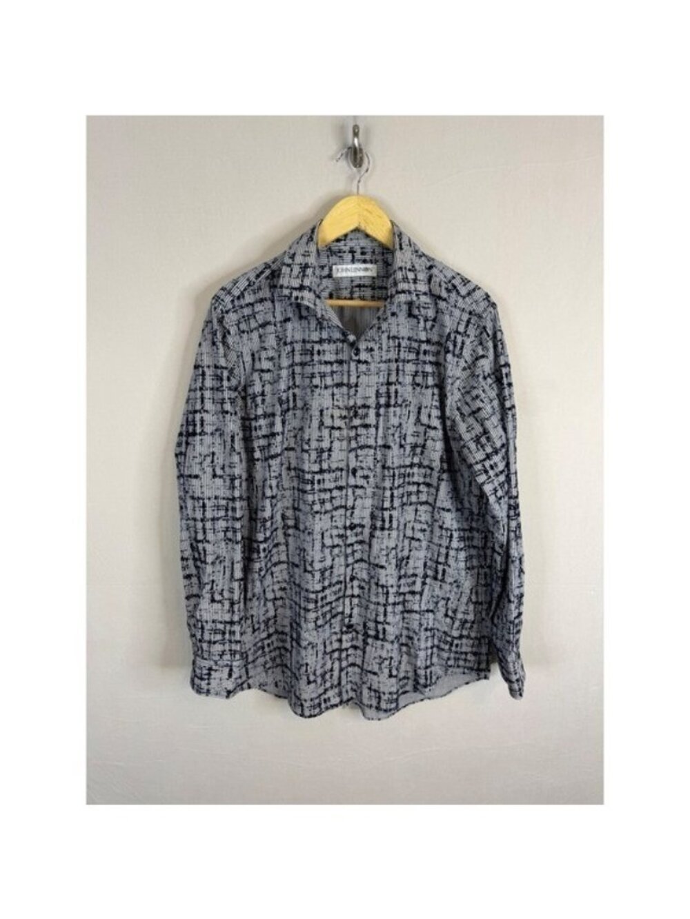 John Lennon Mens Abstract Grid Stripe Button Down Shirt Blue Large L 16-16.5